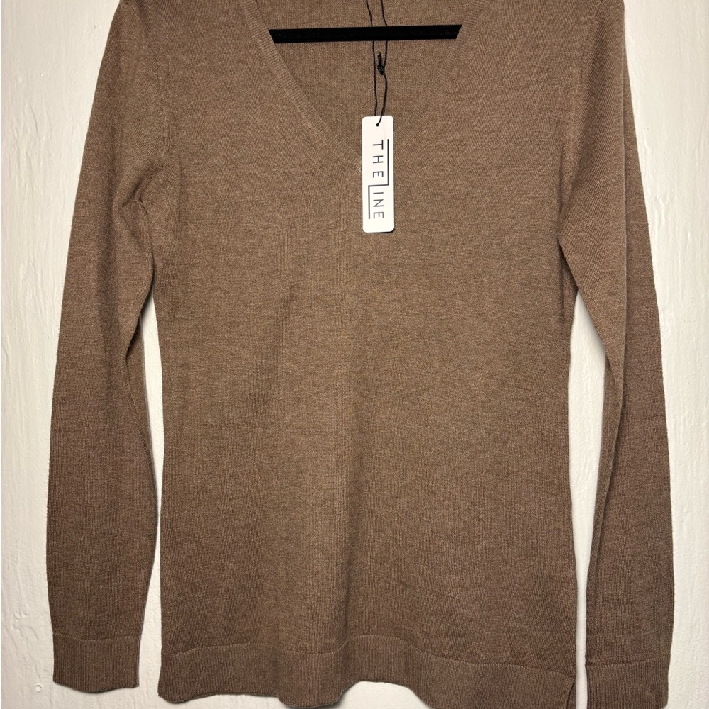 The Line by K V-Neck Brown Cotton Silk Blend Sweater
